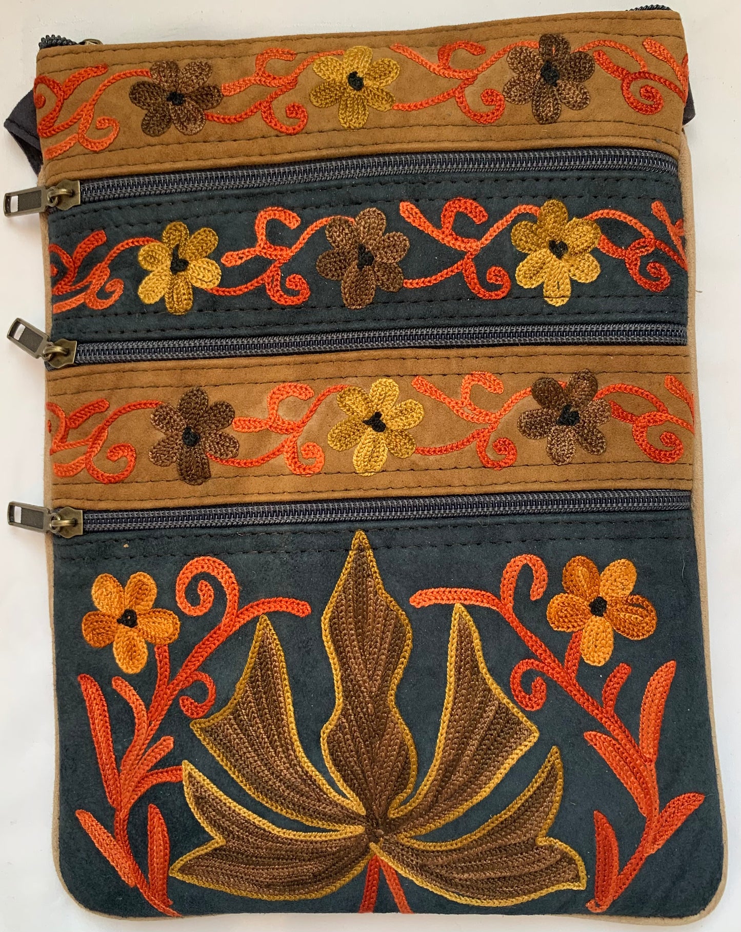 Embroidered Suede Crossbody Handbag