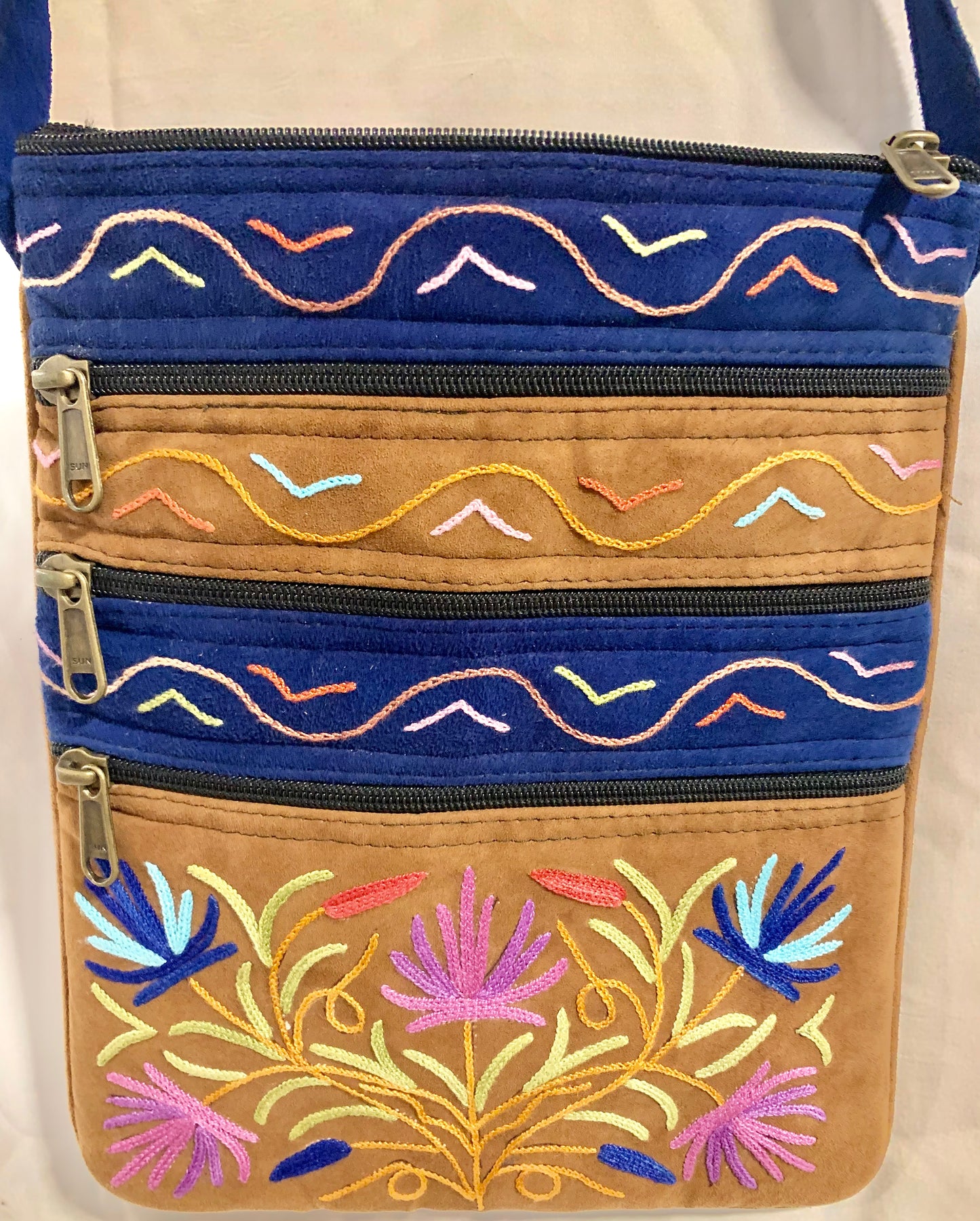 Embroidered Suede Crossbody Handbag
