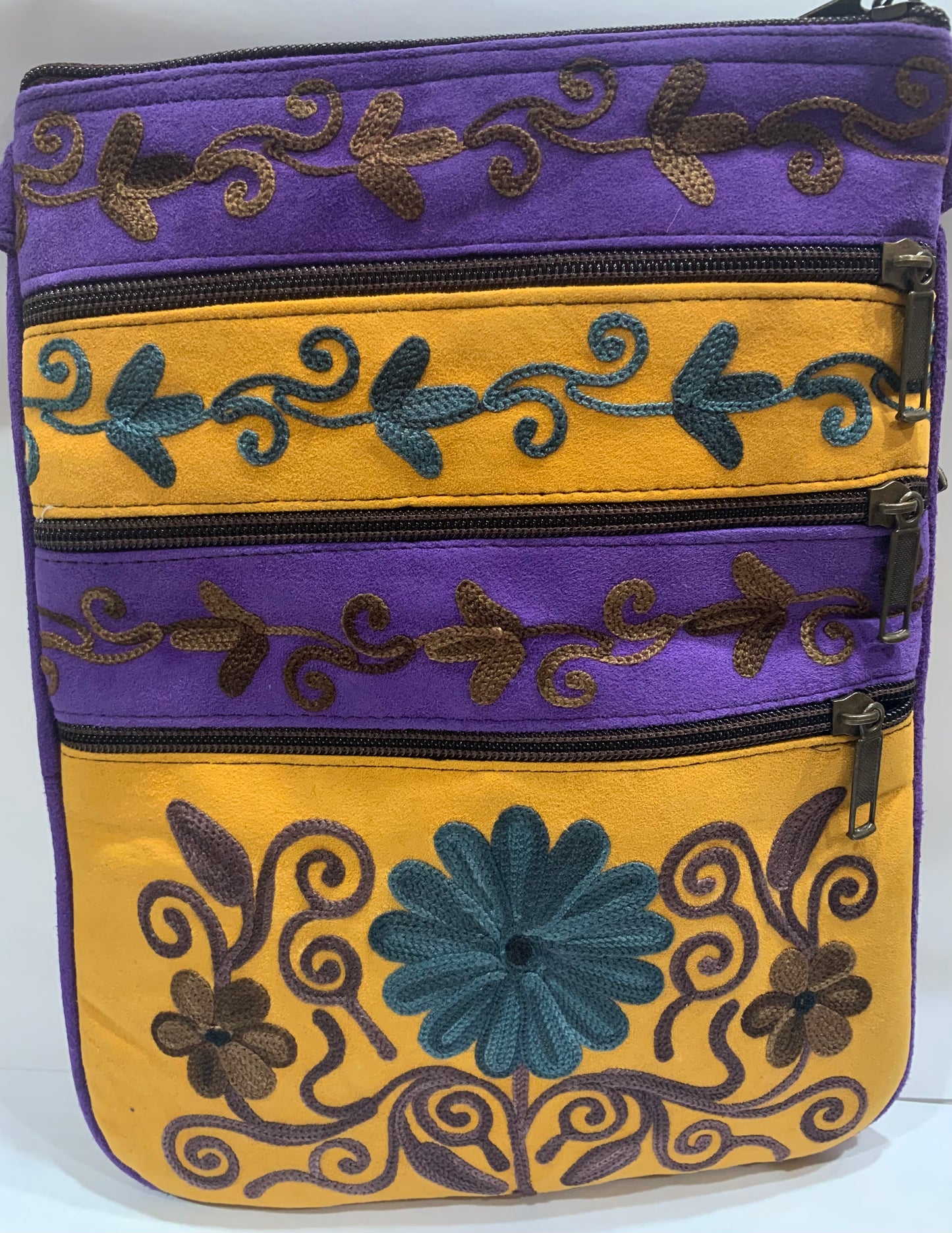 Embroidered Suede Crossbody Handbag