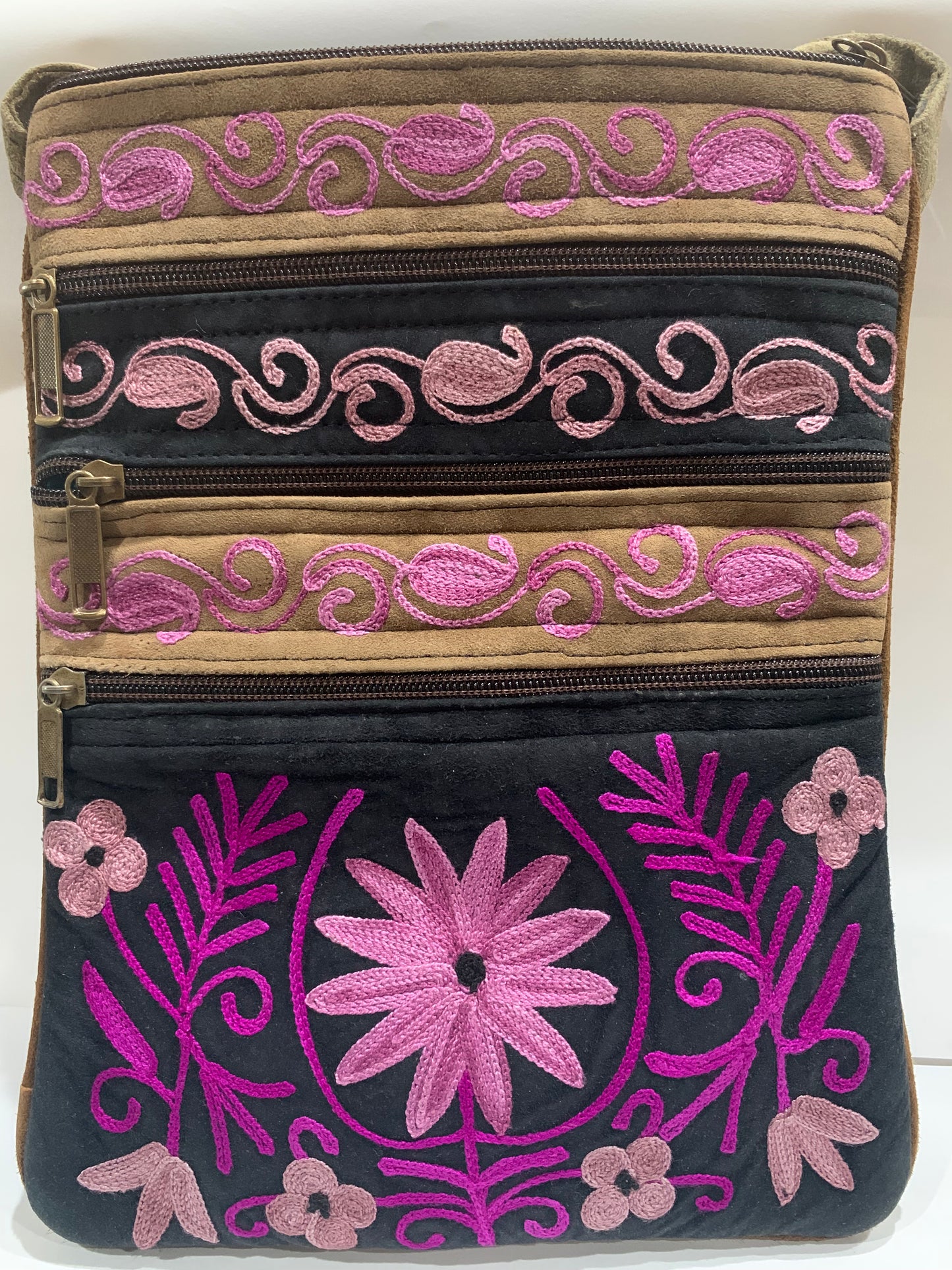Embroidered Suede Crossbody Handbag