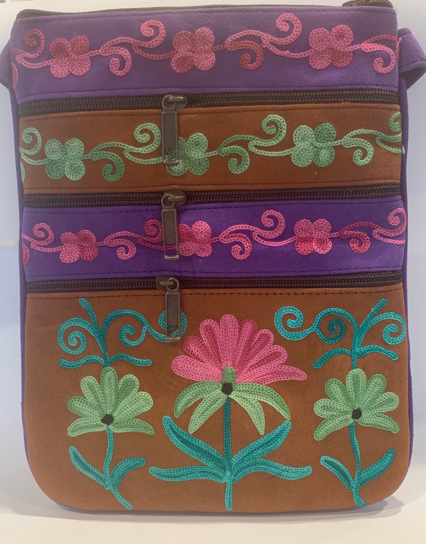 Embroidered Suede Crossbody Handbag