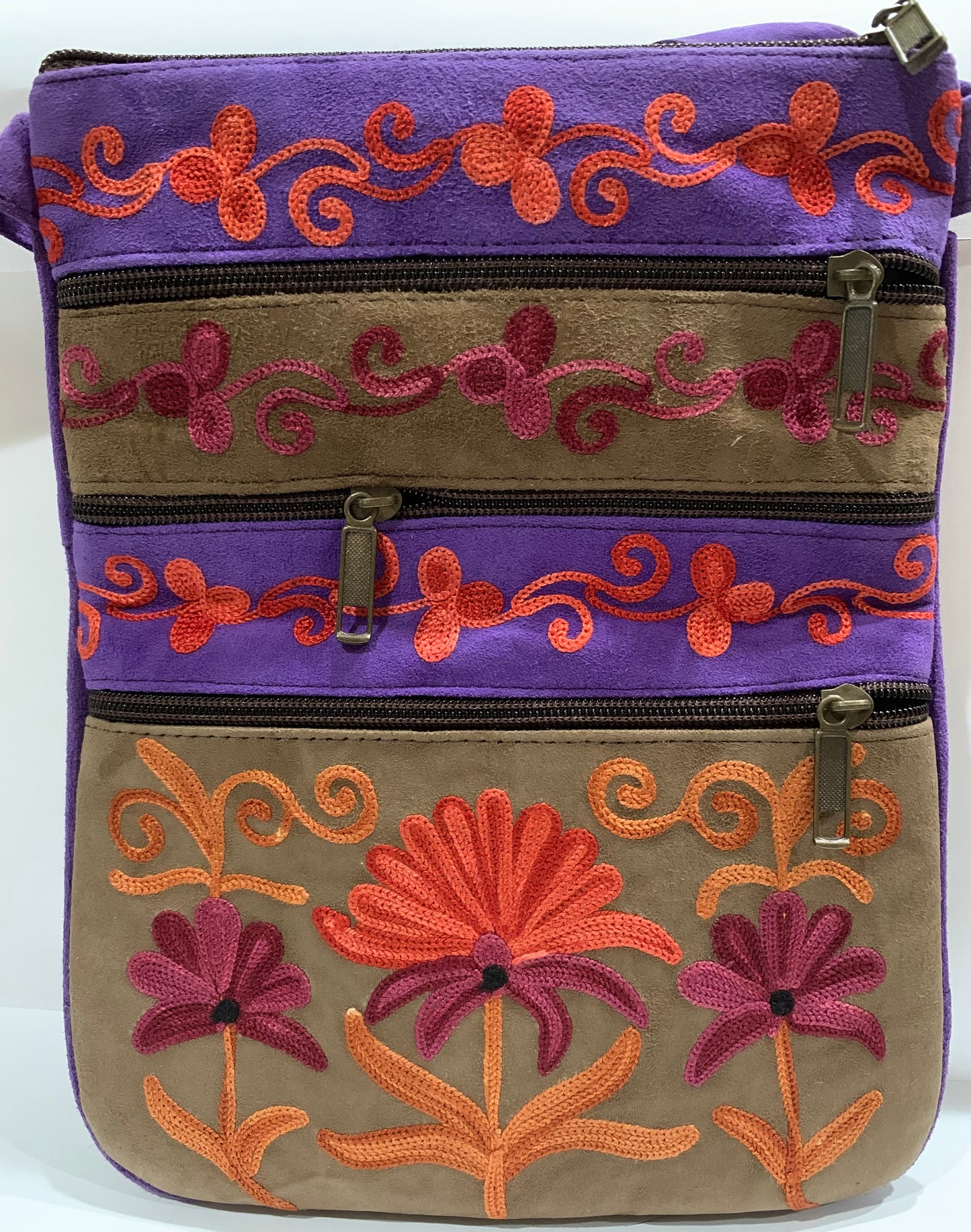 Embroidered Suede Crossbody Handbag