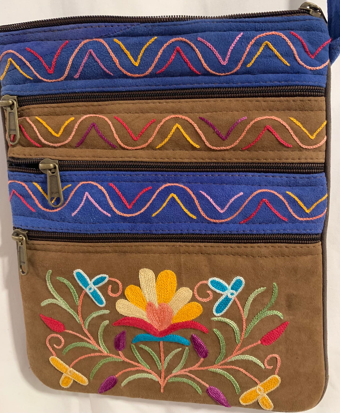 Embroidered Suede Crossbody Handbag
