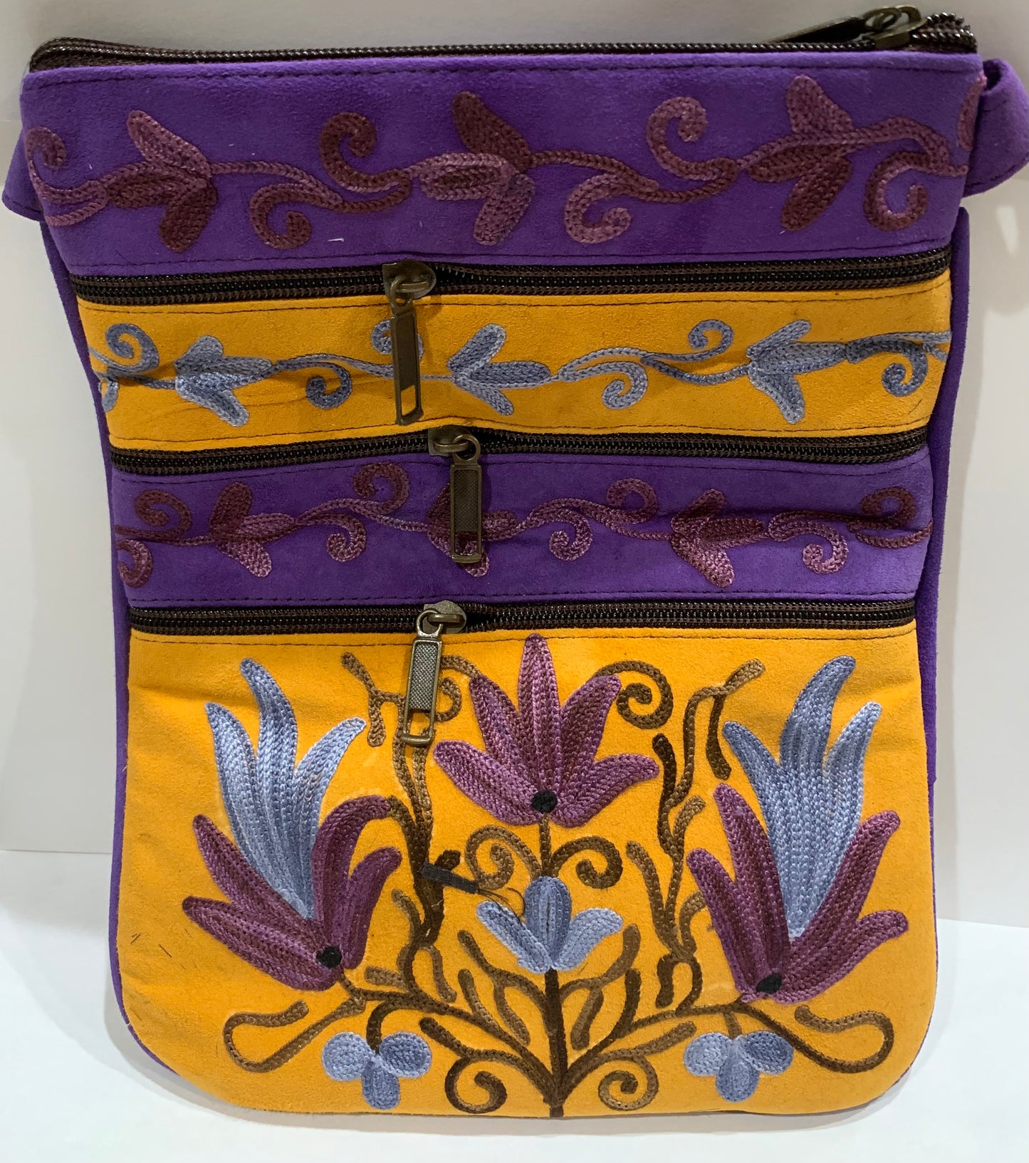 Embroidered Suede Crossbody Handbag