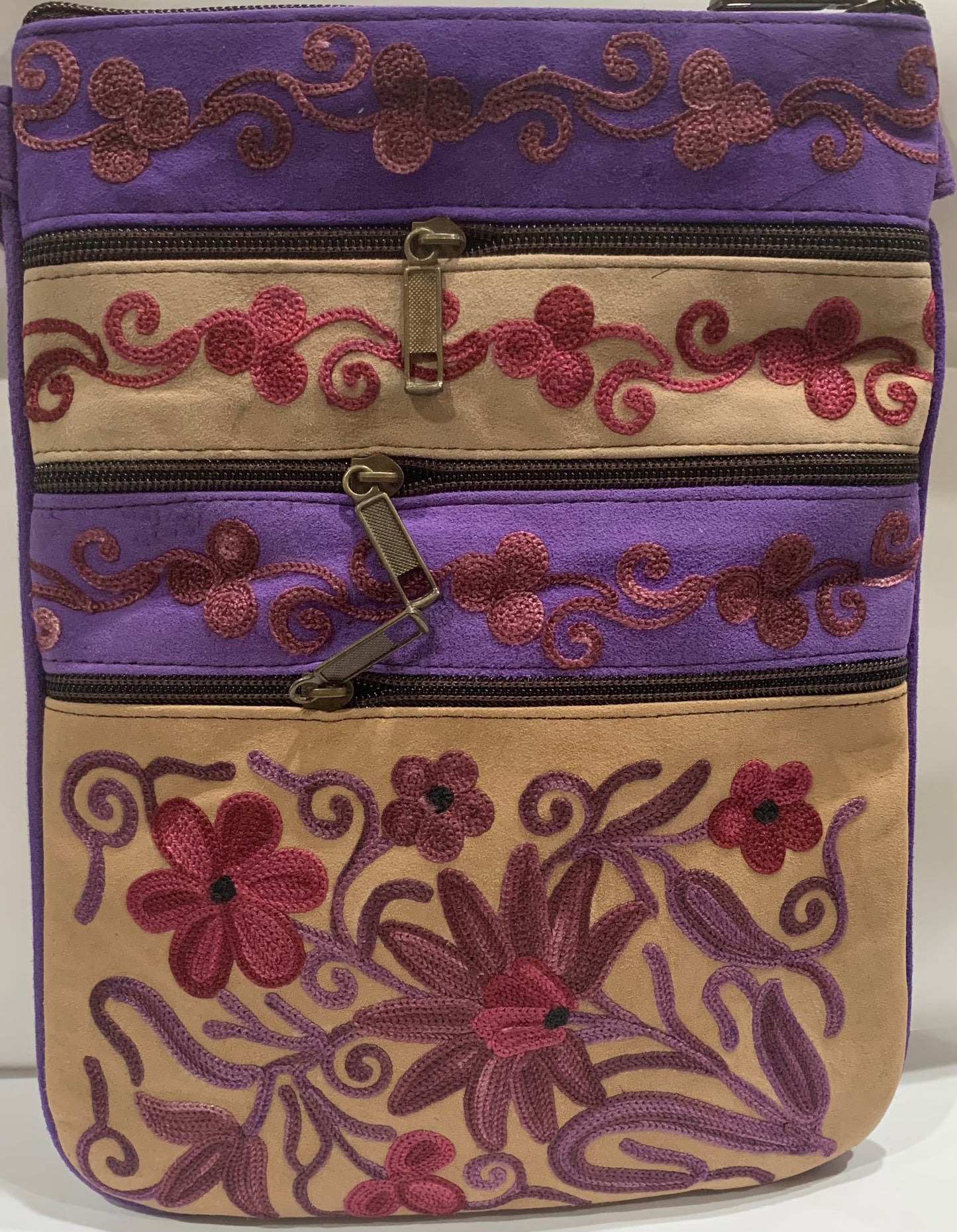 Embroidered Suede Crossbody Handbag