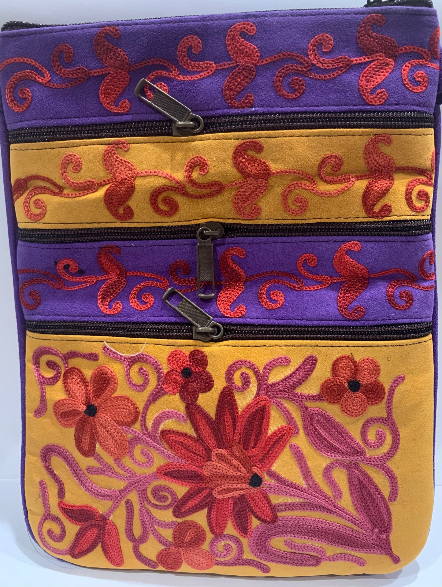 Embroidered Suede Crossbody Handbag